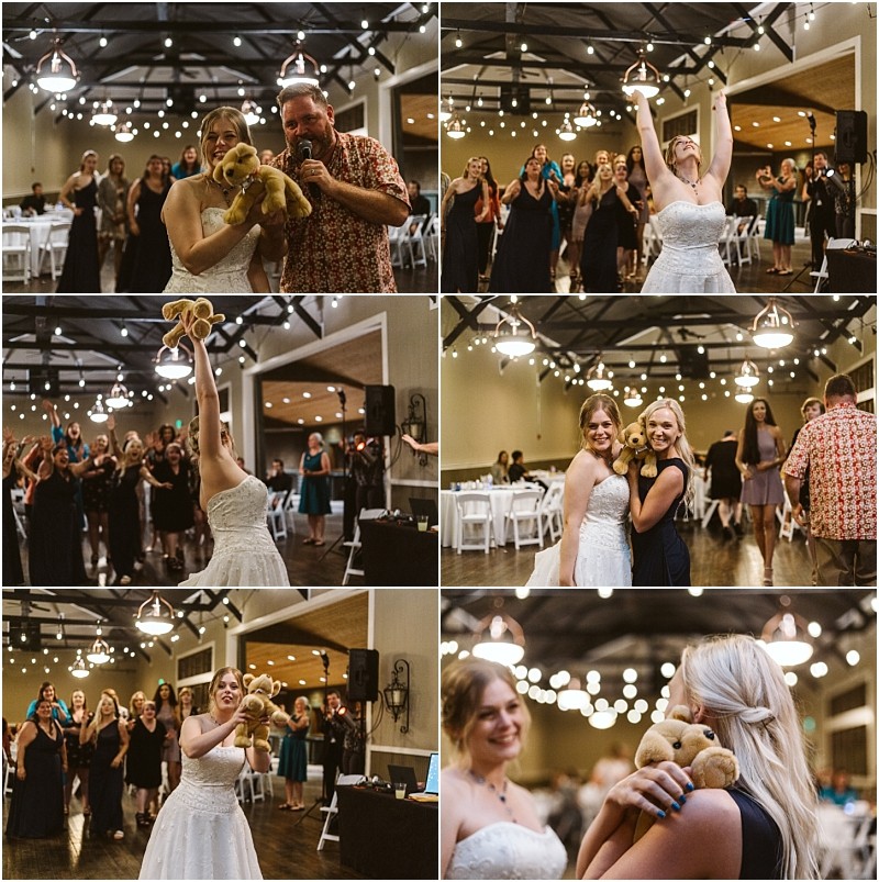 Premier snohomish & seattle wedding photographer | gsquared weddings photography at a snohomish wedding near seattle a bride tosses a teddy bear instead of a bouquet One woman catches it hugs the bear and poses happily with the bride and others in the decorated reception hall celebrating their engagement | serving snohomish seattle                   & beyond