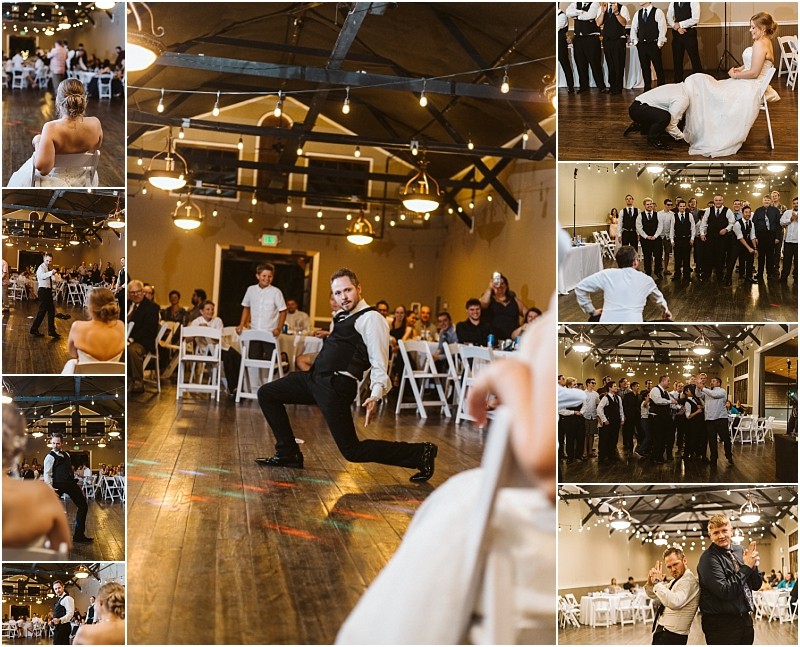 Premier snohomish & seattle wedding photographer | gsquared weddings photography a photo collage captures a snohomish wedding reception where the groom dramatically tosses the brides garter as guests cheer beneath glowing string lightsa lively seattle area celebration | serving snohomish seattle                   & beyond