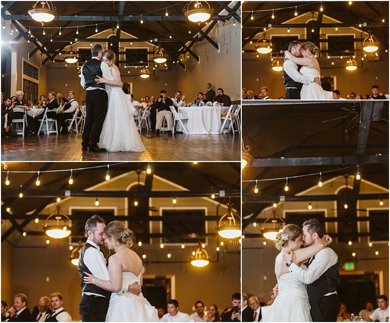 Premier snohomish & seattle wedding photographer | gsquared weddings photography a bride and groom share their first dance in a warmly lit rustic snohomish venue as guests watch They embrace closely on a wooden floor with string lights and hanging lamps overheada picture perfect seattle wedding moment | serving snohomish seattle                   & beyond