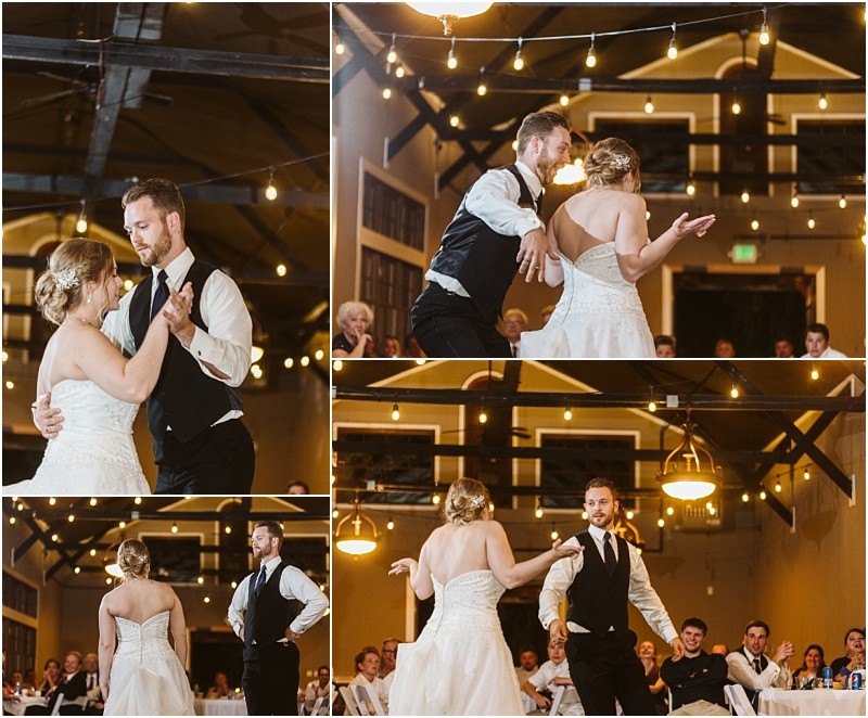 Premier snohomish & seattle wedding photographer | gsquared weddings photography a bride and groom dressed in formal wedding attire dance together under string lights in a warmly lit snohomish reception hall surrounded by guests from seattle watching and smiling | serving snohomish seattle                   & beyond