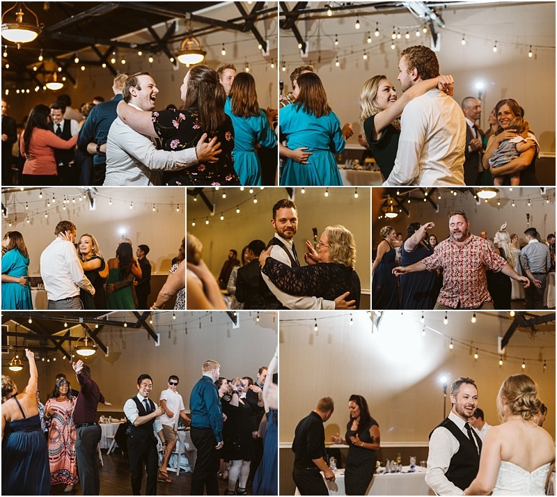 Premier snohomish & seattle wedding photographer | gsquared weddings photography a collage of snohomish wedding reception photos shows guests dancing laughing and socializing under string lights in a warmly lit rustic venue People are dressed in formal and semi formal attire enjoying the celebration together | serving snohomish seattle                   & beyond