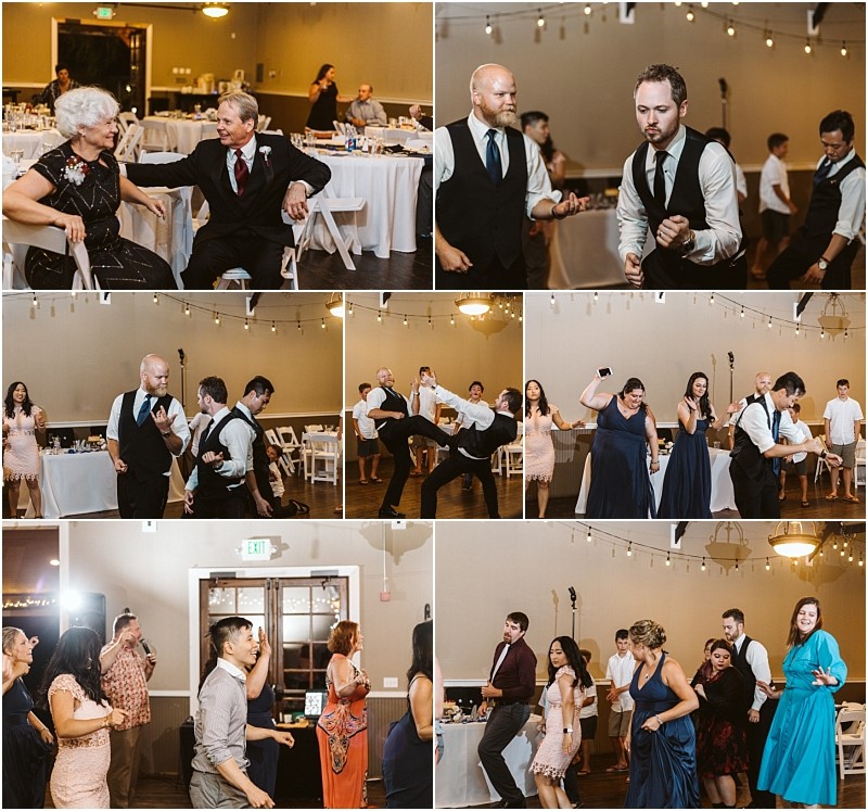 Premier snohomish & seattle wedding photographer | gsquared weddings photography a collage of snohomish wedding reception photos shows guests of various ages dancing energetically and celebrating together in a warmly lit banquet hall decorated with string lights | serving snohomish seattle                   & beyond