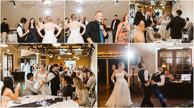 Premier snohomish & seattle wedding photographer | gsquared weddings photography a collage of snohomish wedding reception photos shows guests and the bride and groom dancing singing and enjoying themselves in a warmly lit rustic venue filled with tables and string lights near seattle | serving snohomish seattle                   & beyond