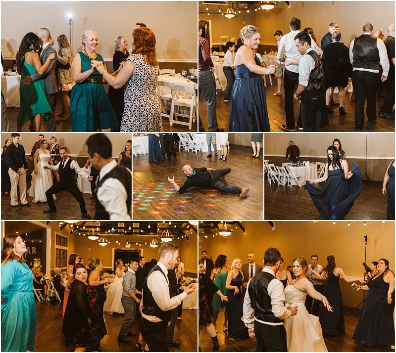 Premier snohomish & seattle wedding photographer | gsquared weddings photography a collage of snohomish wedding reception photos shows guests and the couple dancing laughing posing and celebrating together in a warmly lit venue with wooden floors and string lights | serving snohomish seattle                   & beyond