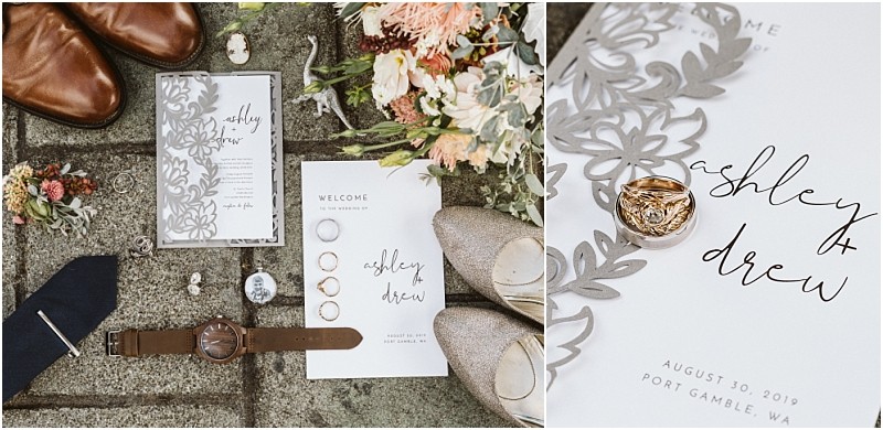 Premier snohomish & seattle wedding photographer | gsquared weddings photography a flat lay of wedding items on stone invitation suite with floral cutouts a snohomish welcome card wedding rings wristwatch boutonniere and pin brown shoes tan flats a navy tie and a bouquetperfect for a seattle wedding engagement | serving snohomish seattle                   & beyond