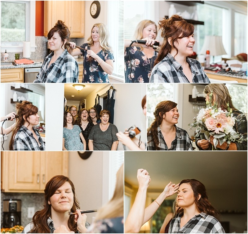 Premier snohomish & seattle wedding photographer | gsquared weddings photography a collage of women preparing for a snohomish wedding shows a bride getting her hair styled makeup applied laughing with friends and holding a bouquet indoors surrounded by smiling women in a bright cozy home | serving snohomish seattle                   & beyond