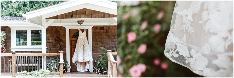 Premier snohomish & seattle wedding photographer | gsquared weddings photography a white lace wedding dress hangs from the porch roof of a wooden house in snohomish surrounded by greenery and pink flowers A close up reveals the intricate lace detailing perfect for a romantic seattle wedding or engagement | serving snohomish seattle                   & beyond