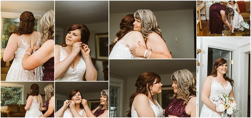 Premier snohomish & seattle wedding photographer | gsquared weddings photography a collage of photos shows a bride and her mother sharing emotional moments while getting ready for their snohomish seattle wedding adjusting the dress hugging sharing smiles and the bride putting on earrings and holding her bouquet | serving snohomish seattle                   & beyond