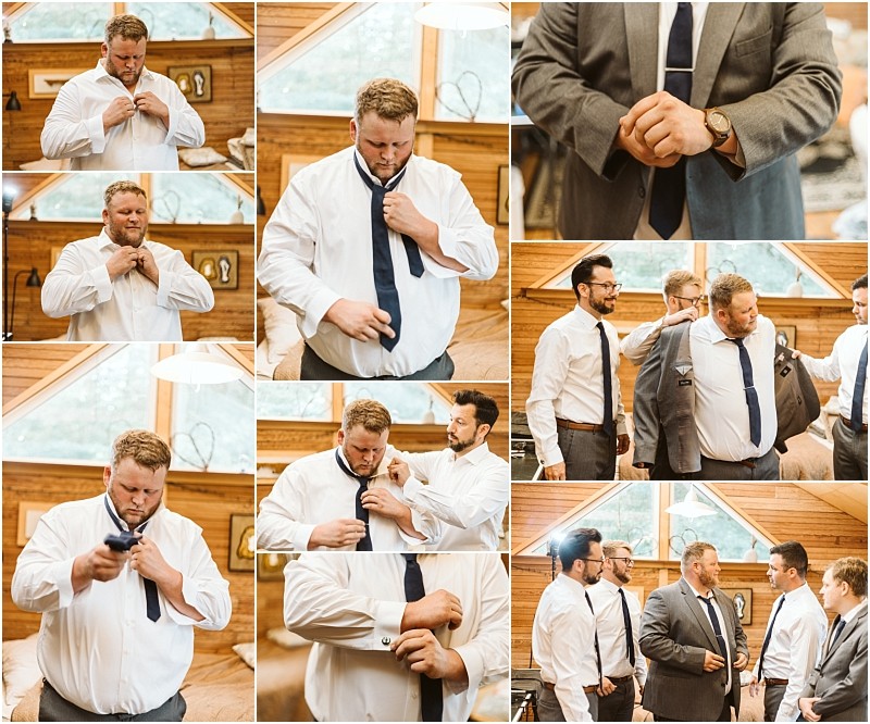 Premier snohomish & seattle wedding photographer | gsquared weddings photography a collage of men in a wooden room getting dressed for a snohomish wedding They adjust ties button shirts and help each other with suits displaying camaraderie and preparation for the special seattle engagement | serving snohomish seattle                   & beyond