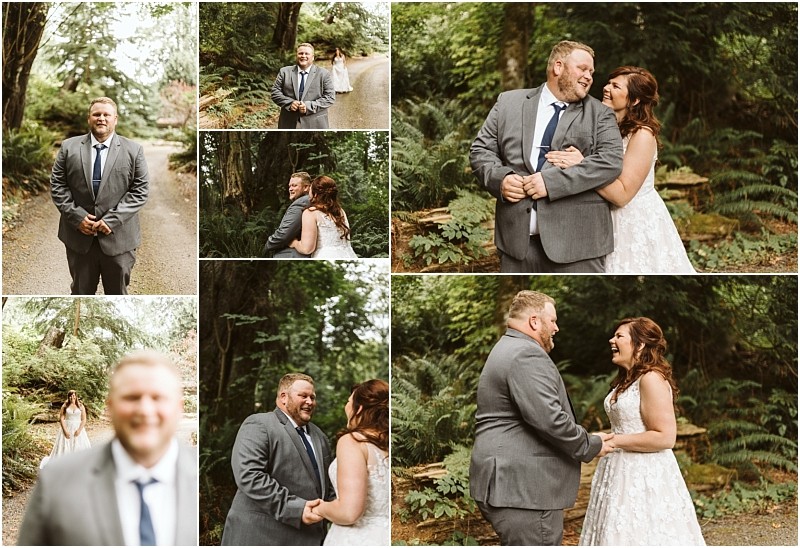 Premier snohomish & seattle wedding photographer | gsquared weddings photography a collage of snohomish wedding photos shows a couple in a forest The groom wears a gray suit and blue tie the bride a white dress They smile laugh and embrace among tall trees and lush greenery near seattle | serving snohomish seattle                   & beyond