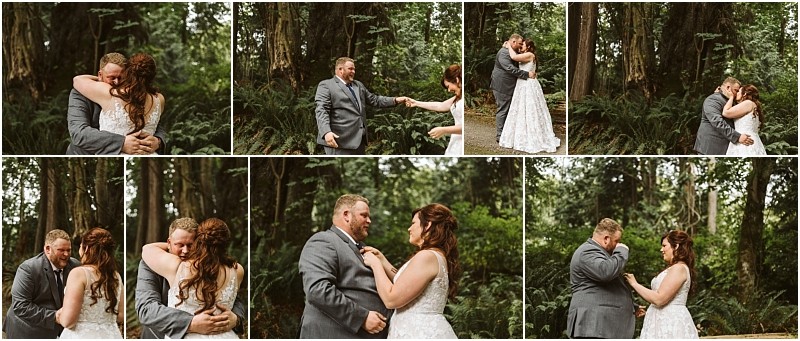 Premier snohomish & seattle wedding photographer | gsquared weddings photography a collage shows a bride and groom in a forest near snohomish sharing emotional momentshugging holding hands smiling and wiping away tearscapturing their joy and love on their wedding day | serving snohomish seattle                   & beyond