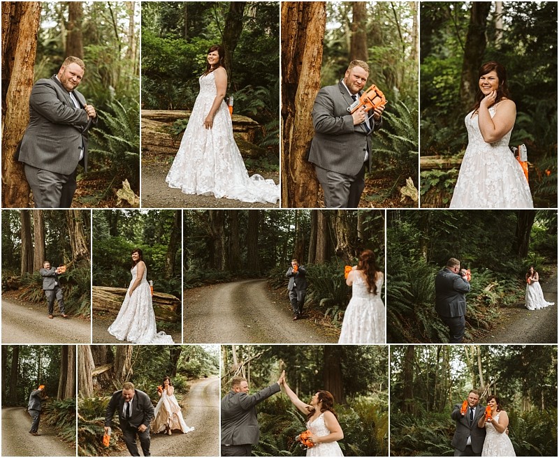 Premier snohomish & seattle wedding photographer | gsquared weddings photography a bride and groom have a playful first look in a forest near snohomish laughing and holding nerf guns The bride wears a white dress and the groom a gray suit as they pose aim and have fun together on a wooded path before their seattle wedding | serving snohomish seattle                   & beyond