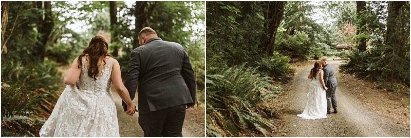Premier snohomish & seattle wedding photographer | gsquared weddings photography two photos of a snohomish bride and groom walking down a forest path first they stroll hand in hand away from the camera then they share a kiss on the same wooded trail A perfect seattle wedding engagement moment | serving snohomish seattle                   & beyond