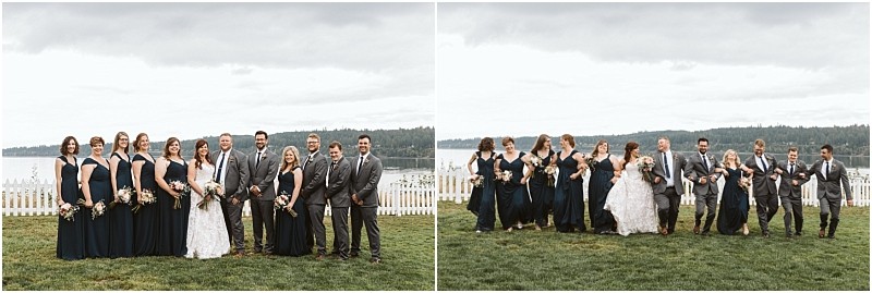 Premier snohomish & seattle wedding photographer | gsquared weddings photography a wedding party poses outdoors on grass by a white fence and water under a cloudy sky This snohomish celebration features bridesmaids in navy dresses and groomsmen in gray suits capturing classic seattle wedding elegance | serving snohomish seattle                   & beyond