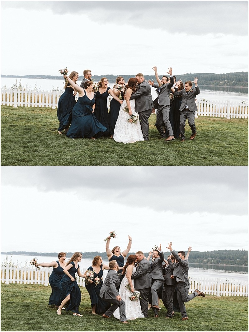 Premier snohomish & seattle wedding photographer | gsquared weddings photography two photos show a lively snohomish wedding party outdoors near a white picket fence by the lake The bride and groom kiss in the center while bridesmaids and groomsmen cheer and gesture energetically around them | serving snohomish seattle                   & beyond