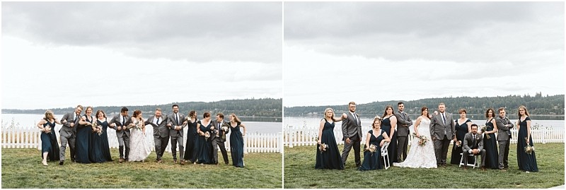 Premier snohomish & seattle wedding photographer | gsquared weddings photography two side by side photos of a snohomish wedding party posing outdoors on grass by a lake with trees and cloudy sky in the background The group is dressed in formal attire women in dark dresses and men in suits | serving snohomish seattle                   & beyond