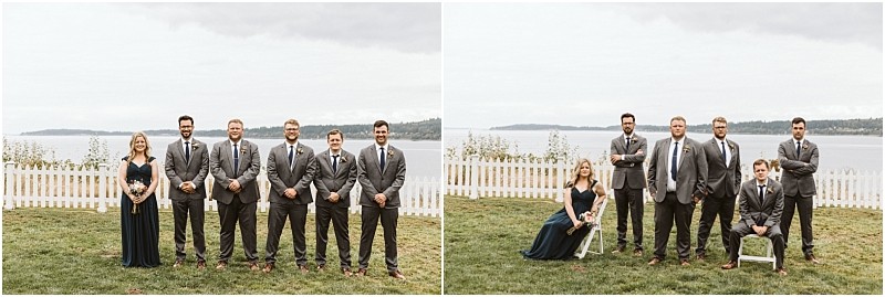 Premier snohomish & seattle wedding photographer | gsquared weddings photography two photos side by side capture a snohomish wedding party by a lake Five men in gray suits and one woman in a dark dress pose with white fencing and water behind them In the second photo two people are sitting together | serving snohomish seattle                   & beyond