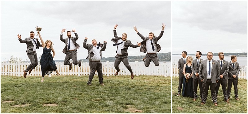 Premier snohomish & seattle wedding photographer | gsquared weddings photography a group of people dressed formally pose outside at a snohomish seattle wedding in one photo they jump joyfully and in the other they stand together on grass near a white fence with a cloudy sky in the background | serving snohomish seattle                   & beyond