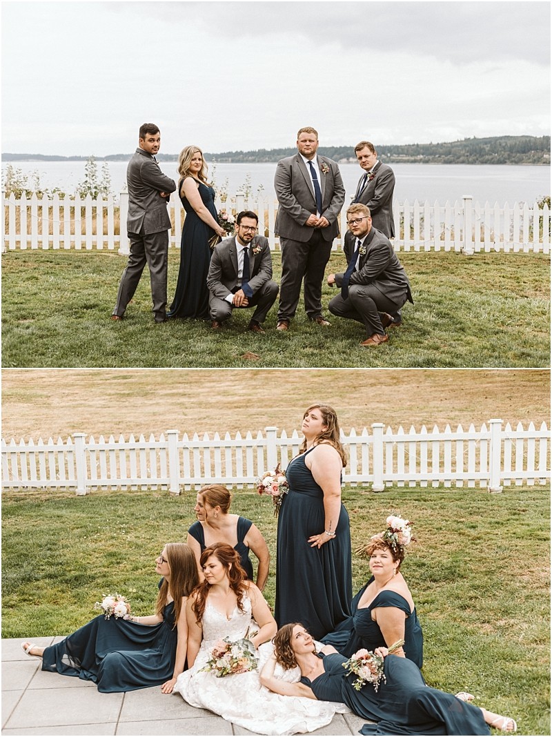 Premier snohomish & seattle wedding photographer | gsquared weddings photography two photos topbridesmaids in navy and groomsmen in gray strike playful poses on grass by a white fence and lake capturing the joyful spirit of a snohomish seattle wedding Bottombride and bridesmaids recline gracefully holding bouquets | serving snohomish seattle                   & beyond