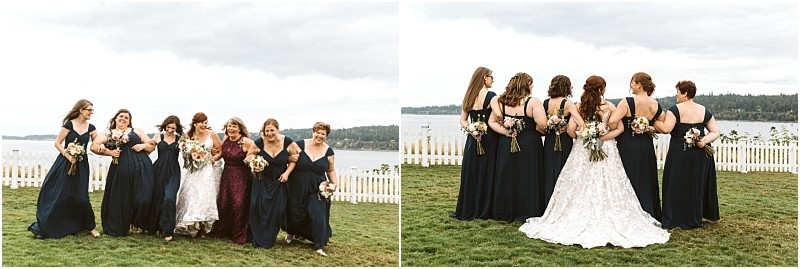 Premier snohomish & seattle wedding photographer | gsquared weddings photography two side by side photos of a bride in a white gown and her bridesmaids in dark blue dresses walking and posing near a white picket fence with water and trees in the background at a beautiful snohomish seattle wedding | serving snohomish seattle                   & beyond
