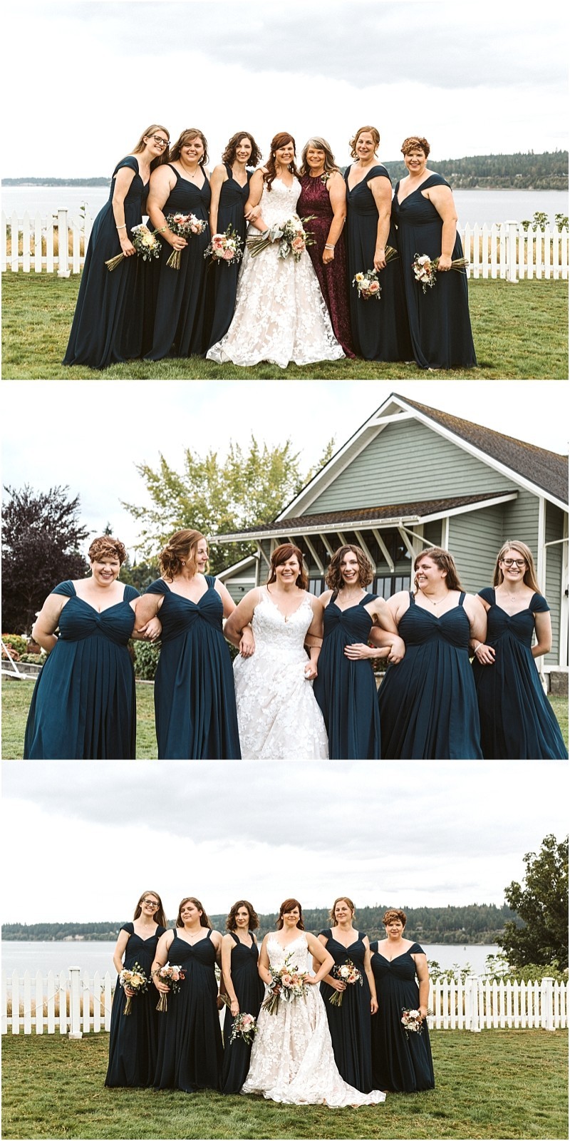 Premier snohomish & seattle wedding photographer | gsquared weddings photography three photos of a bride in a white dress with seven bridesmaids in matching dark blue dresses taken outdoors at a snohomish wedding near seattle They pose on grass by a white fence and house with a lake and trees in the background | serving snohomish seattle                   & beyond
