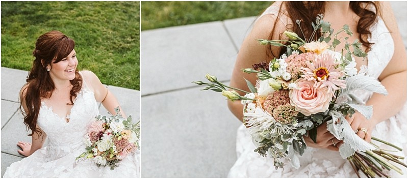 Premier snohomish & seattle wedding photographer | gsquared weddings photography a bride in a white lace dress holds a bouquet of pink peach and white flowers with greenery She is sitting outdoors on stone steps in snohomish near seattle smiling with green grass in the backgroundperfect for an engagement moment | serving snohomish seattle                   & beyond