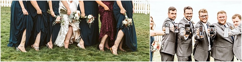 Premier snohomish & seattle wedding photographer | gsquared weddings photography a split image on the left women in dresses lifting hems to show shoes and ankles at a snohomish seattle wedding on the right men in suits smiling and holding up beer cans in a celebratory toast | serving snohomish seattle                   & beyond