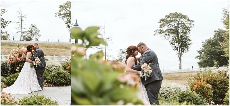 Premier snohomish & seattle wedding photographer | gsquared weddings photography a bride and groom share a kiss in a lush garden in snohomish surrounded by flowers and trees under the open sky The bride holds a bouquet in her white dress while the groom wears a gray suitcapturing a romantic seattle wedding moment | serving snohomish seattle                   & beyond