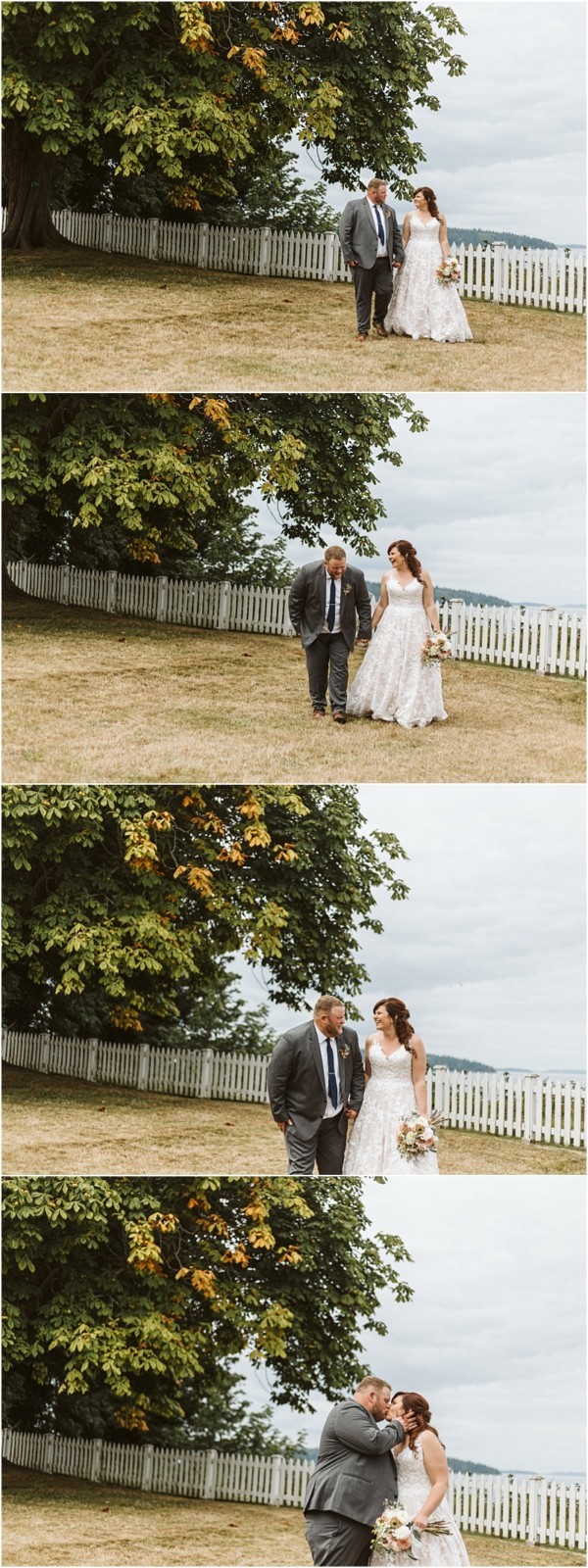 Premier snohomish & seattle wedding photographer | gsquared weddings photography a bride and groom meet outdoors near a white fence and large tree They smile walk toward each other embrace and share a kiss against scenic hills and a cloudy skya perfect snohomish wedding moment | serving snohomish seattle                   & beyond