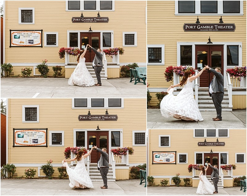 Premier snohomish & seattle wedding photographer | gsquared weddings photography a bride and groom dance joyfully outside the yellow port gamble theater surrounded by flowers and sunshine Their playful romantic moment captures the spirit of a perfect snohomish or seattle wedding engagement | serving snohomish seattle                   & beyond