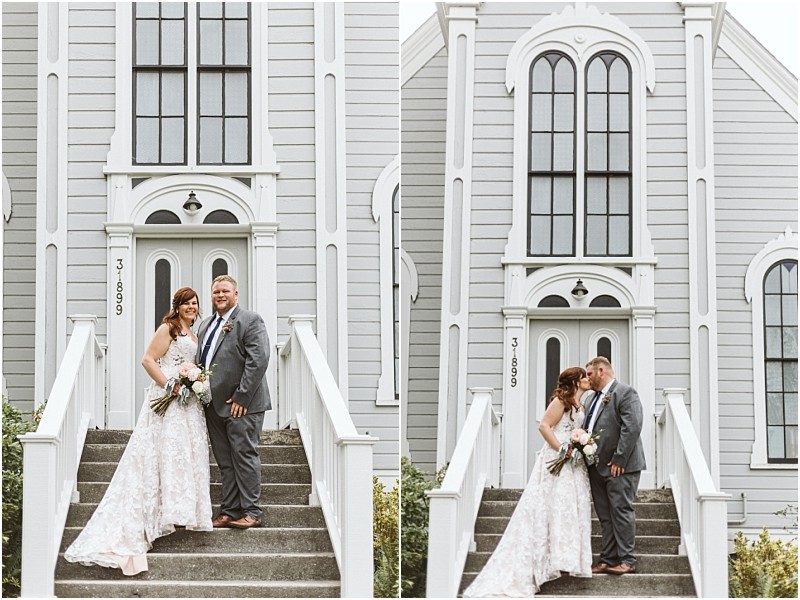 Premier snohomish & seattle wedding photographer | gsquared weddings photography a bride in a white lace gown and a groom in a gray suit stand together on the steps of a light gray building with tall arched windows This romantic snohomish wedding captures their affection as they pose bouquet in hand looking happy | serving snohomish seattle                   & beyond