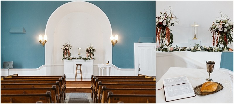 Premier snohomish & seattle wedding photographer | gsquared weddings photography a church sanctuary in snohomish near seattle features wooden pews a white altar adorned with flowers for a wedding engagement a cross and brass lamps Close ups show a bible bread and wine on a cloth covered table by the floral arrangements | serving snohomish seattle                   & beyond