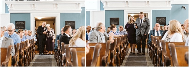 Premier snohomish & seattle wedding photographer | gsquared weddings photography a split image captures a snohomish seattle wedding on the left an older couple walks arm in arm down a church aisle on the right a woman and man in formal attire walk together with guests watching their engagement procession | serving snohomish seattle                   & beyond