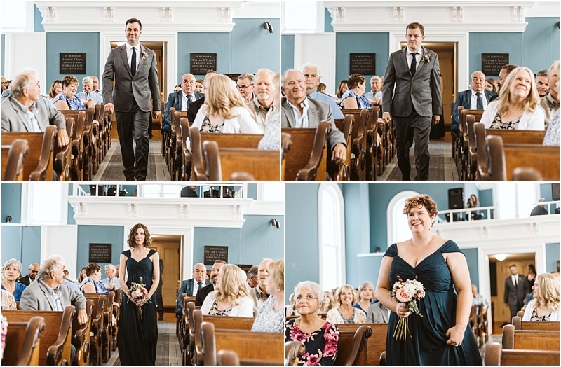 Premier snohomish & seattle wedding photographer | gsquared weddings photography four people two men in suits and two women in dark dresses holding bouquets walk down the aisle of a church filled with guests during a beautiful snohomish seattle wedding ceremony | serving snohomish seattle                   & beyond