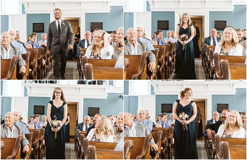 Premier snohomish & seattle wedding photographer | gsquared weddings photography four photos capture snohomish wedding attendants walking down a sunlit church aisle as guests look on A man in a suit and three women in dark dresses with bouquets embody the elegance of this seattle engagement celebration | serving snohomish seattle                   & beyond