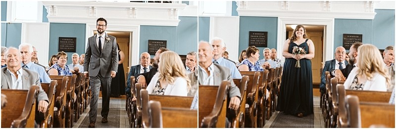 Premier snohomish & seattle wedding photographer | gsquared weddings photography a man in a gray suit and a woman in a dark dress walk separately down the aisle of a church during a snohomish seattle wedding smiling as guests seated in pews watch and smile | serving snohomish seattle                   & beyond