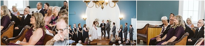 Premier snohomish & seattle wedding photographer | gsquared weddings photography a snohomish wedding ceremony in a church shows guests seated in pews a couple standing at the altar exchanging vows and family members watching attentively The bright setting features teal walls and wooden benches | serving snohomish seattle                   & beyond