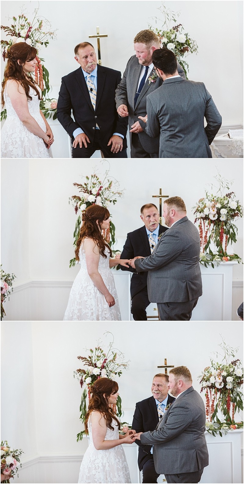 Premier snohomish & seattle wedding photographer | gsquared weddings photography a bride and groom exchange vows and rings in a bright church near snohomish seattle with a man officiating The couple stands by a white altar decorated with flowers and a gold cross in the background celebrating their wedding engagement | serving snohomish seattle                   & beyond