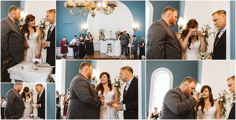Premier snohomish & seattle wedding photographer | gsquared weddings photography a collage of snohomish wedding ceremony photos shows a bride and groom standing with an officiant exchanging vows sharing communion bread and wine and interacting with each other in a beautifully decorated church | serving snohomish seattle                   & beyond