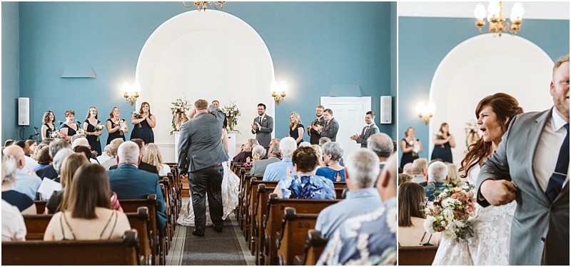Premier snohomish & seattle wedding photographer | gsquared weddings photography a bride and groom walk joyfully down the aisle of a snohomish church smiling and holding hands as seated guests and the wedding party look on and celebrate their beautiful seattle wedding | serving snohomish seattle                   & beyond