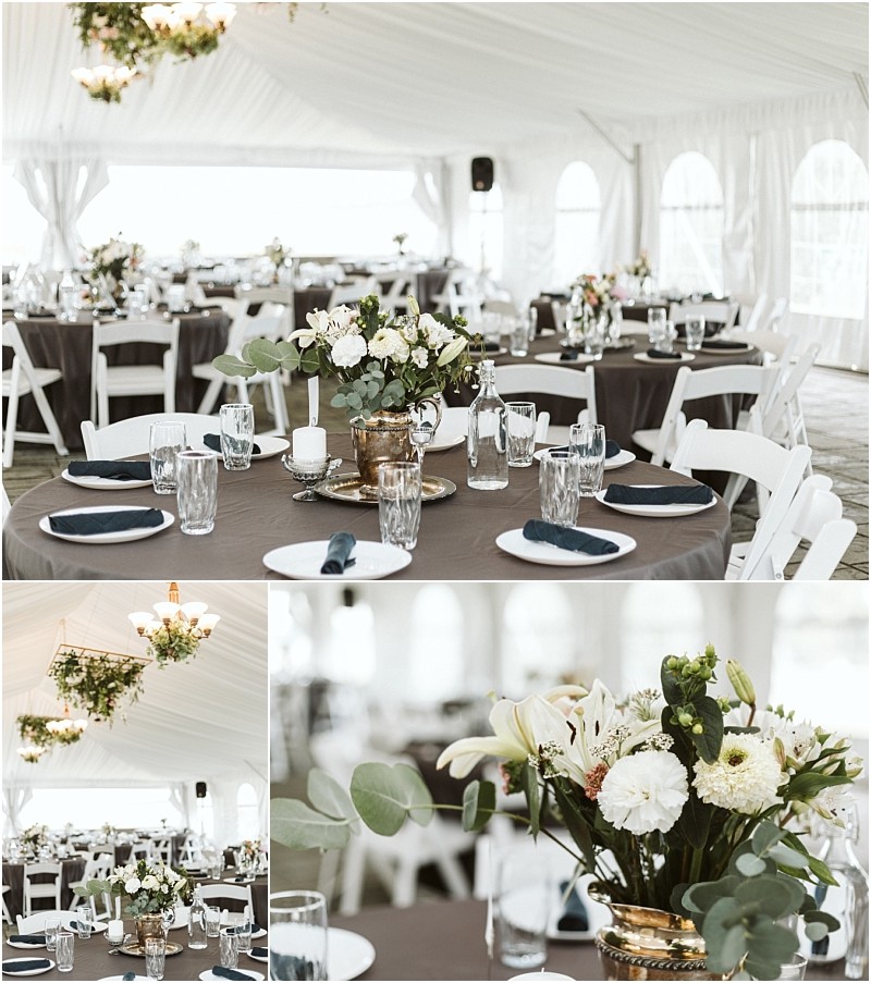 Premier snohomish & seattle wedding photographer | gsquared weddings photography a white tented event space near snohomish and seattle with round tables covered in dark tablecloths white chairs floral centerpieces and elegant place settings an airy atmosphere perfect for your wedding or engagement celebration | serving snohomish seattle                   & beyond