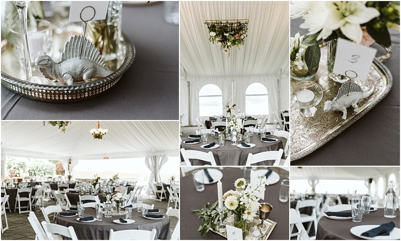 Premier snohomish & seattle wedding photographer | gsquared weddings photography collage of snohomish seattle wedding table settings under a white tent featuring gray tablecloths white chairs floral centerpieces and small silver dinosaur figurines holding table number cards | serving snohomish seattle                   & beyond