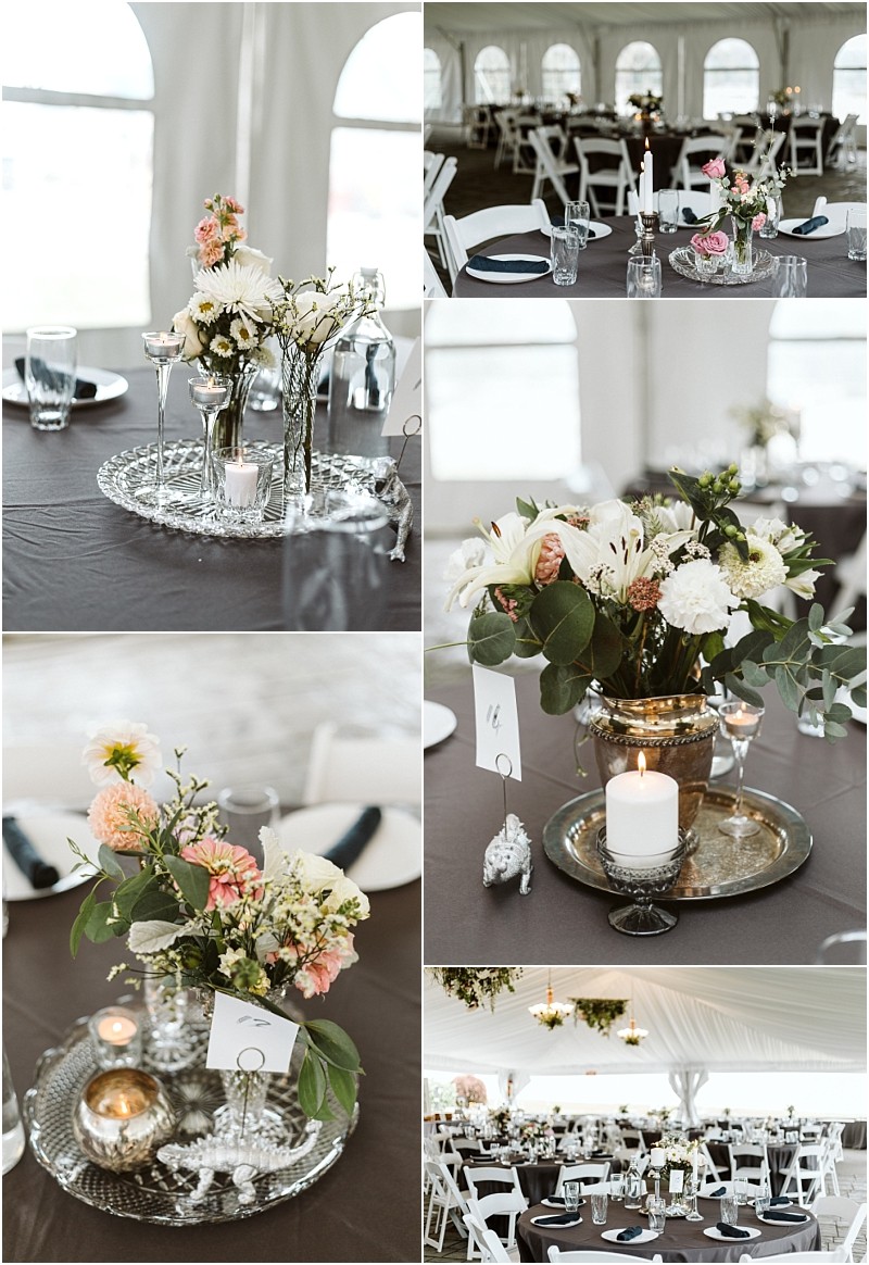 Premier snohomish & seattle wedding photographer | gsquared weddings photography collage of elegant snohomish wedding table centerpieces with white and blush flowers candles and glassware on dark tablecloths in a bright tented venue with round tables and white chairs | serving snohomish seattle                   & beyond