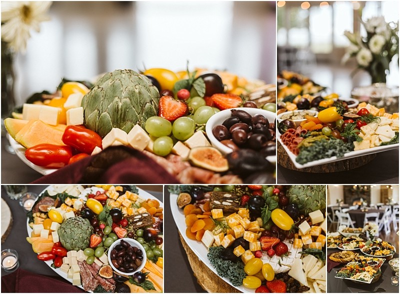 Premier snohomish & seattle wedding photographer | gsquared weddings photography a collage of cheese and charcuterie boards with assorted cheeses grapes strawberries olives peppers artichokes figs and crackers beautifully arranged for a snohomish seattle wedding or engagement with elegant table settings in the background | serving snohomish seattle                   & beyond