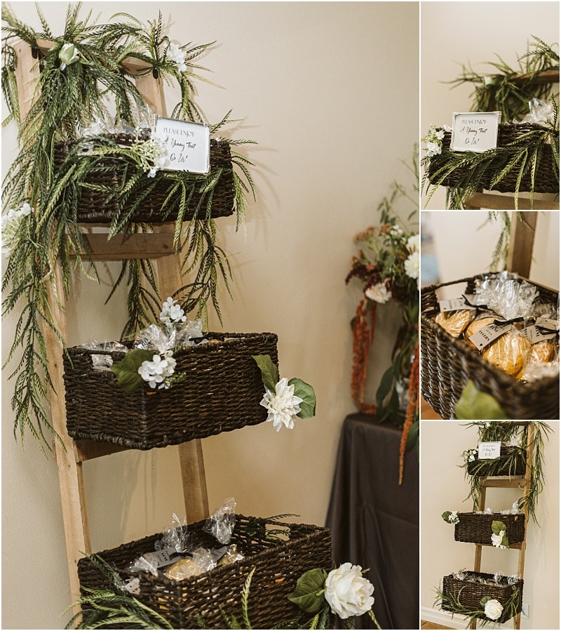 Premier snohomish & seattle wedding photographer | gsquared weddings photography a wooden ladder shelf at this snohomish wedding displays wicker baskets filled with wrapped cookies decorated with greenery and white flowers A small sign on the top basket reads please take a bag to go  | serving snohomish seattle                   & beyond