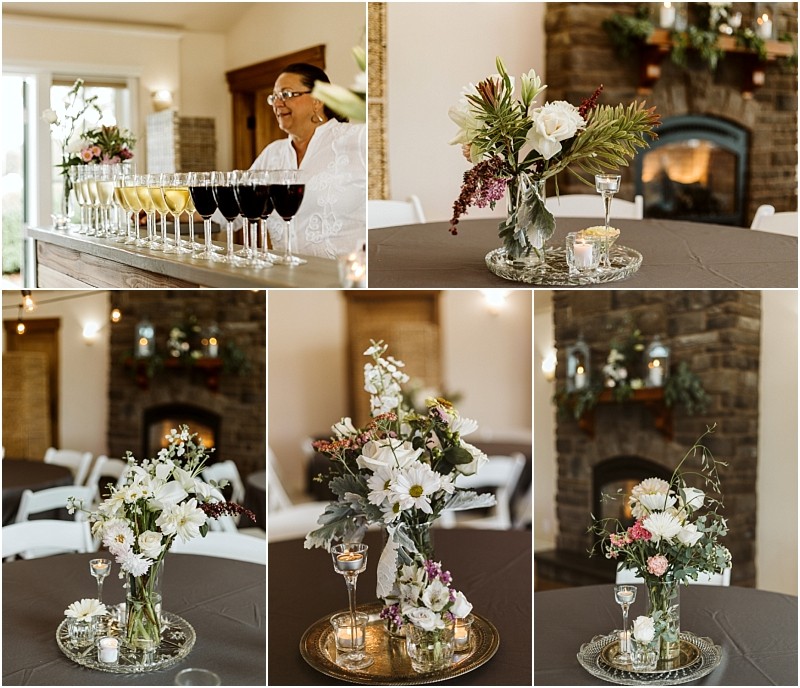 Premier snohomish & seattle wedding photographer | gsquared weddings photography a collage showing a bar with drinks a smiling woman behind it and tables with small floral centerpieces and candles set in a cozy room with a stone fireplaceperfect inspiration for an intimate snohomish or seattle wedding or engagement celebration | serving snohomish seattle                   & beyond