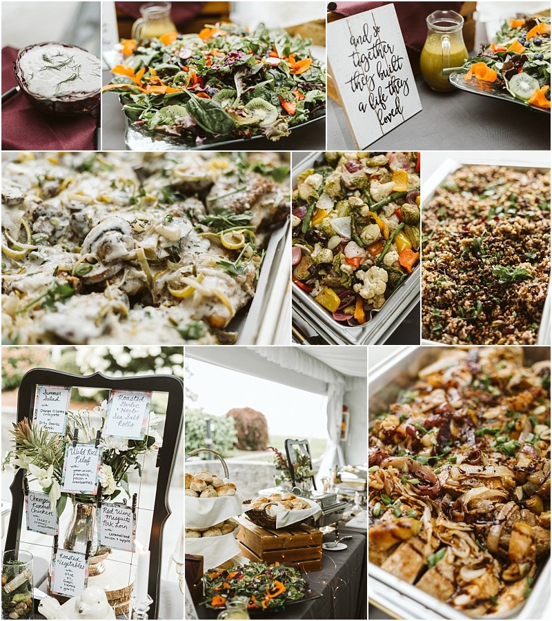 Premier snohomish & seattle wedding photographer | gsquared weddings photography a buffet table at a snohomish seattle wedding displays assorted dishessalads roasted vegetables bread chicken grains and dessertswhile decorative signs and greenery add a festive touch to this enchanting engagement celebration | serving snohomish seattle                   & beyond