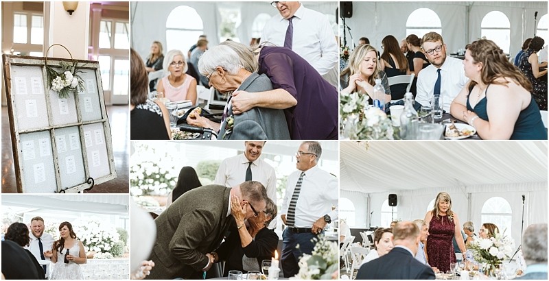 Premier snohomish & seattle wedding photographer | gsquared weddings photography a collage of candid moments at a snohomish wedding reception shows guests greeting each other sharing hugs and talking at decorated tables with a seating chart displayed on a white frame in one of the images | serving snohomish seattle                   & beyond