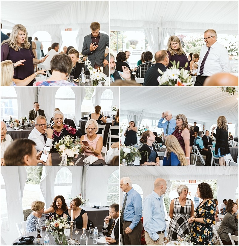 Premier snohomish & seattle wedding photographer | gsquared weddings photography a collage of six photos showing guests socializing smiling and chatting at a snohomish wedding inside a white tent with floral centerpieces People in semi formal attire enjoy this elegant seattle engagement celebration | serving snohomish seattle                   & beyond