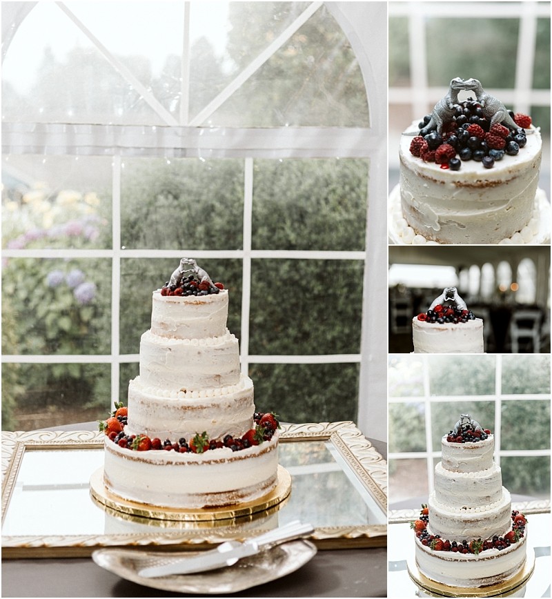 Premier snohomish & seattle wedding photographer | gsquared weddings photography a three tier semi naked wedding cake perfect for a snohomish or seattle wedding sits on a gold base adorned with assorted berries and a whimsical frog topper Displayed by a window it captures the romance of your engagement day | serving snohomish seattle                   & beyond